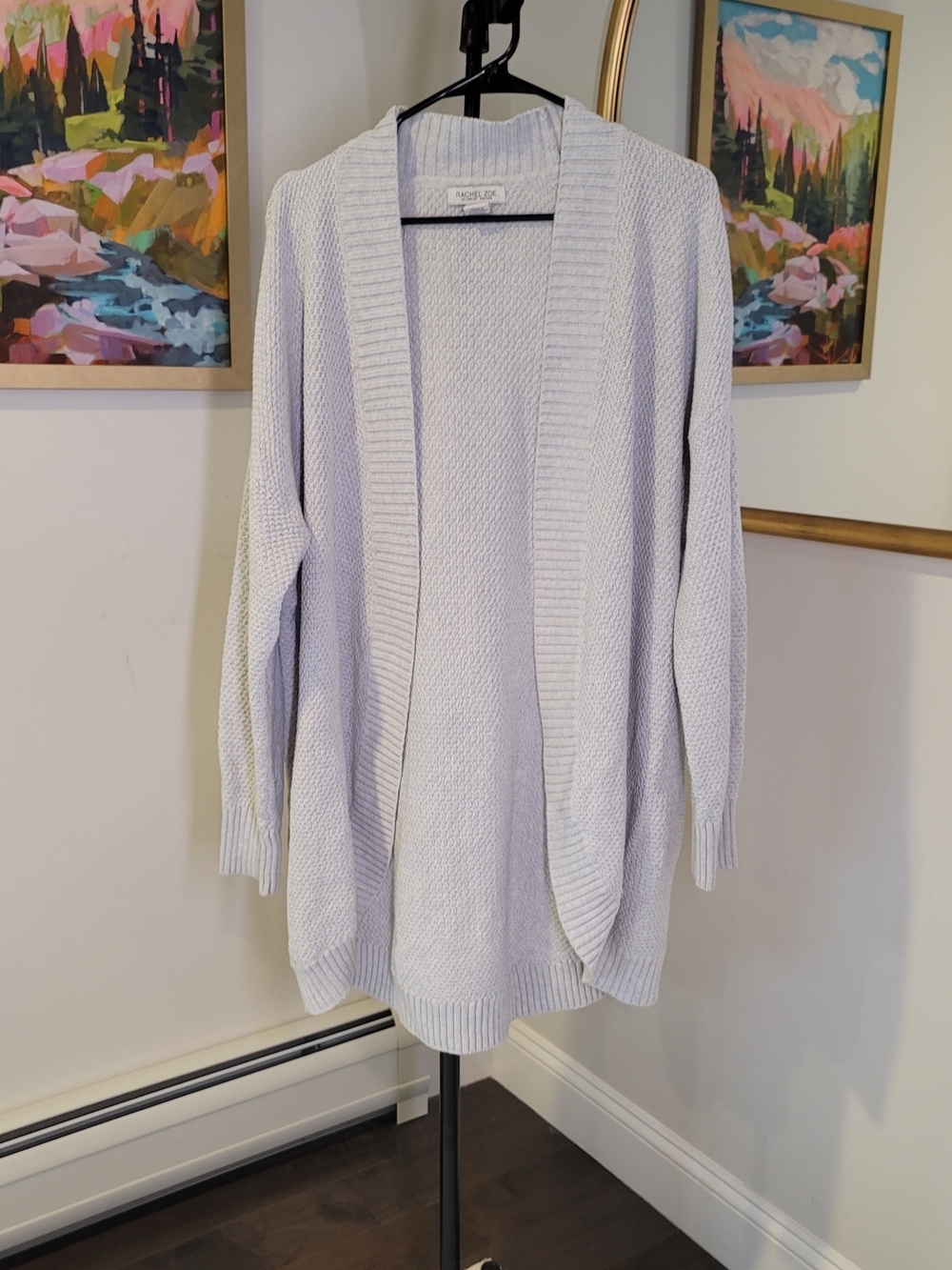 RACHEL ZOE Ribbed Knit Open Front Cardigan Sweater Light Gray Women's Size XL